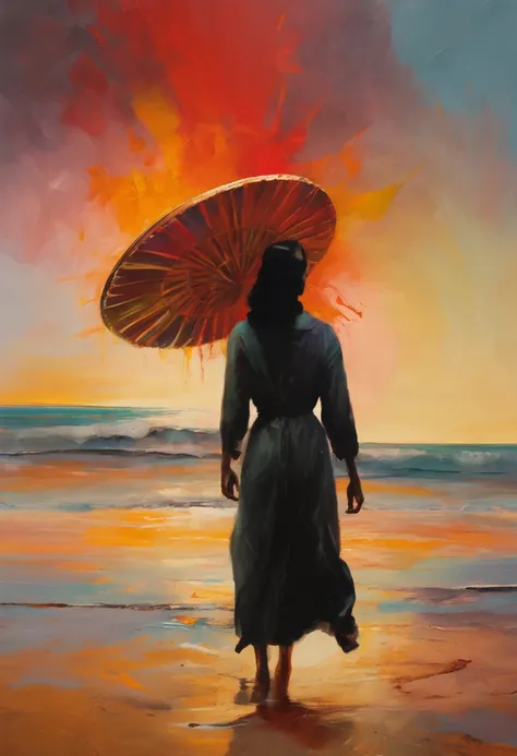 a girl are walking on the beach holding hands and holding a frisbee, burning scene in the background, dark. no text, the most beautiful scene, movie frame still, rotoscoped, with a spooky filter applied, 2d, 2 d, fires glow lonely, movie still frame, in th...