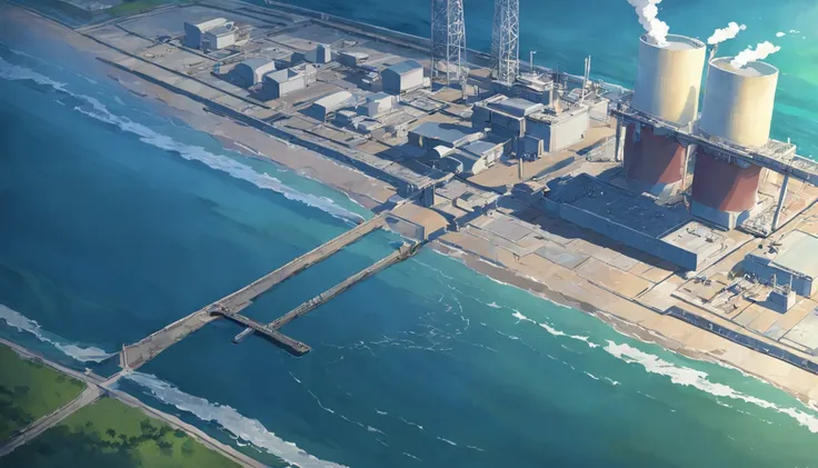 Depicting the appearance of the Fukushima nuclear power plant, Displays the drain，Dumping contaminated water into the ocean. Emphasize the contrast between nuclear power plants and the vast sea