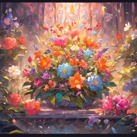 Clay flower tray, colorful flowers, magical colorful flowers, colorful flowers, colorful flowers, colorful flowers and plants, by the window, sunlight coming in, lots of details, high quality, 8k