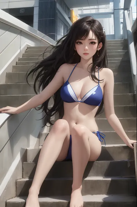 A barefoot girl，Wearing a blue bikini，Stand on the stairs of the mall，The people around her were dressed and looked at her