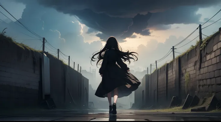 masutepiece, top-quality, Detailed details, Searching for doors and keys alone in the depths of the dark earth, Girl Running, A deep picture of sadness and hope, Dark clouds approaching the bottom of the Earth, A dystopian city surrounded by walls so high ...