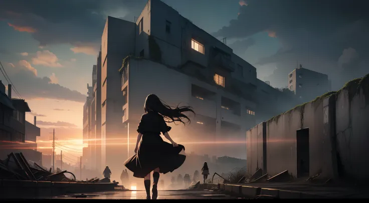 masutepiece, top-quality, Detailed details, Searching for doors and keys alone in the depths of the dark earth, Girl Running, A deep picture of sadness and hope, Dark clouds approaching the bottom of the Earth, A dystopian city surrounded by walls so high ...