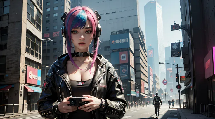 ((Best quality)), ((masterpiece)), (highly detailed:1.3), 3D, beautiful (cyberpunk:1.3) hacker woman with colored hair, black clothes looking at camera