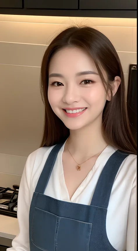 (top quality, 8k, masterpiece: 1.3), beautiful woman with perfect figure: 1.4, dark brown hair, wearing pendant, wearing apron, in kitchen, very detailed face and skin, detailed eyes, double eyelids, , smiling