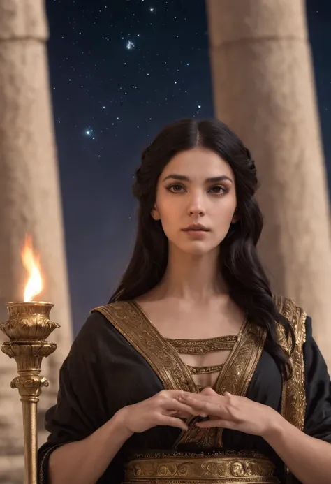 goddess of witchcraft and magic, with ((black hair)) and ((dark eyes)), is fair-skinned, wears a ((black)) greek toga with golden pattern, holding a torch, ancient greek temple and stary night sky in background, Greek mythology, mysterious, photorealistic,...