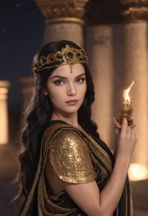 goddess of witchcraft and magic, with ((black hair)) and ((dark eyes)), is fair-skinned, wears a ((black)) greek toga with golden pattern, holding a torch, ancient greek temple and stary night sky in background, Greek mythology, mysterious, photorealistic,...