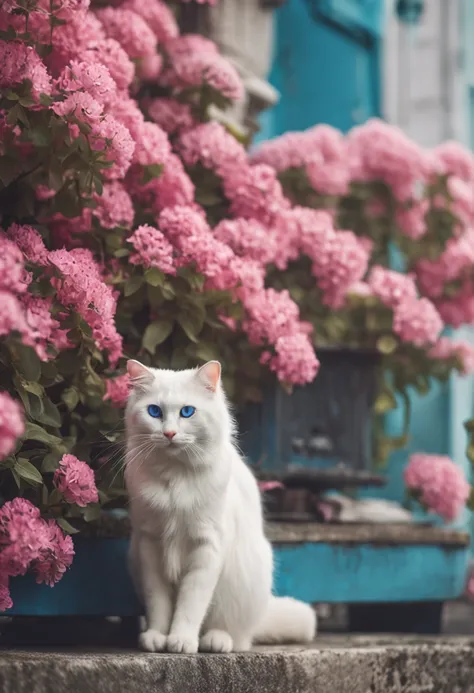 White cat，The tail of the hair has a blue color，largeeyes，Round head，Pink ears，adolable，Smart