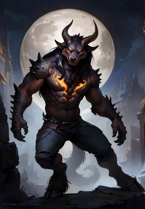 infernal demon of chaos from the abyss, big chest, night, sensual, detailed, uploaded to e621, beautiful and detailed portrait ((male))) kenket, ross tran, ruan jia, bonifasko, uploaded to e621, zaush, foxovh, wide hooves, large horns, many spikes, movie l...