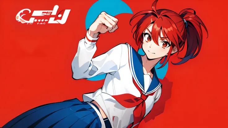 Anime boy with red hair, Anime boy in white sailor suit, Anime boy in blue skirt poses in photo, Boy with red short ponytail hair, Boy with brown eyes, aya takano color style, Muscular men, High School Boys in Anime