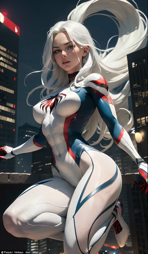 (Masterpiece, 4k resolution, ultra-realistic, very detailed), (White superhero theme, charismatic, theres a girl on top of town, wearing Spider-Man costume, shes a superhero), [ ((25 years), (long white hair:1.2), full body, (blue eyes:1.2), ((Spider-Man p...