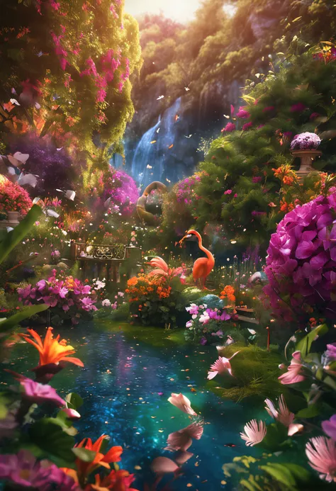 Create a photographic background for me with enchanting garden theme eco elements flowers, butterfly trees and everything very colorful beautiful perfect with birds and hummingbirds squirrels