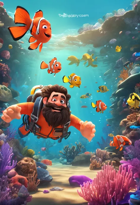 movie picture quality，style of disney animation，Disney animated films，ocean floor，The corals，Colorful，The stocky bearded uncle swims in the sea on a giant koi，short detailed hair，Denim suspenders，The barefoot，depth of fields，high light，Real light，Ray trach...