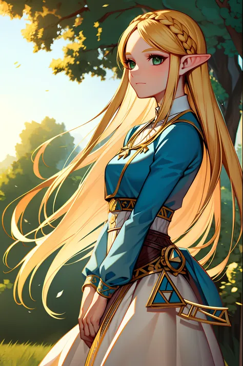 princess zelda,  1girl,  bangs, blonde hair, breasts, bridal gauntlets, closed mouth, expressionless, from side, green eyes, hig...