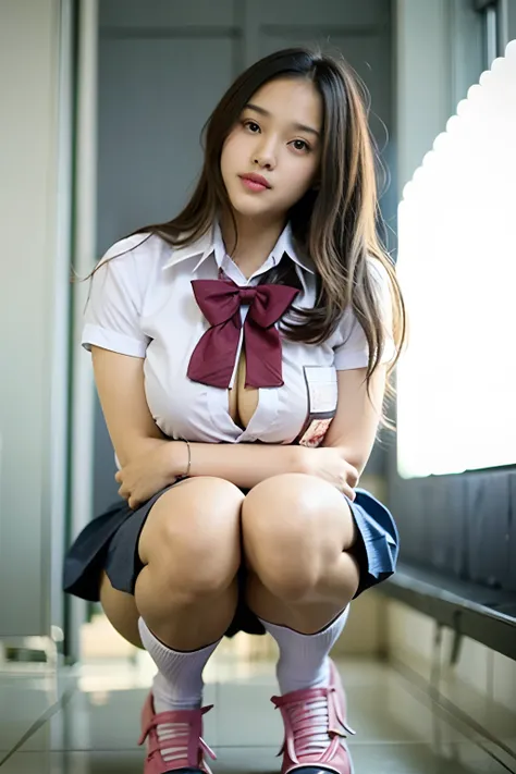 (((Huge breasts :1.3, and droopy breasts:1.4))), 8k, RAW photo, Low angle shot, ((15 years old, very cute schoolgirl in a short skirt and bow tie sitting on school bench)), (Indonesian girl school uniform), (wearing Indonesia school uniform), (Indonesia sc...