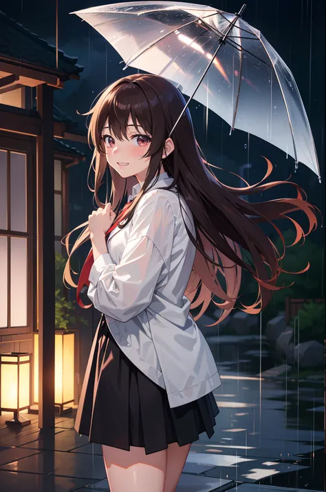 Teasing Master Takagi-san, cute idol aura, rainning and love effect, masterpieces, best quality anime 16k wallpaper, grin blushing face, body forward, camera from below, rainy background infront of house, wetted outfit, blinking pupil, long brown hair