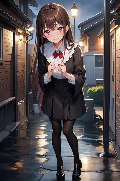 Teasing Master Takagi-san, cute idol aura, rainning and love effect, masterpieces, best quality anime 16k wallpaper, grin blushing face, body forward, camera from below, rainy background infront of house, wetted outfit, blinking pupil, long brown hair