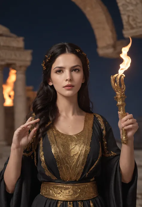 goddess of witchcraft and magic, with ((black hair)) and ((dark eyes)), is fair-skinned, wears a ((black)) greek toga with golden pattern, holding a torch, ancient greek temple and stary night sky in background, Greek mythology, mysterious, photorealistic,...