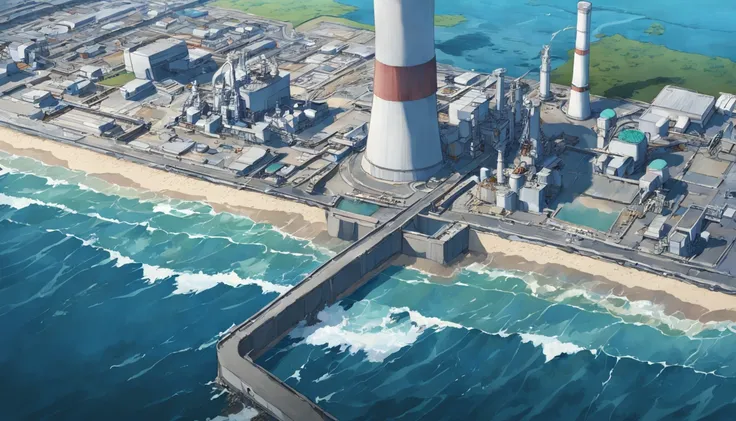 Depicting the appearance of the Fukushima nuclear power plant, Displays the drain，Dumping contaminated water into the ocean. Emphasize the contrast between nuclear power plants and the vast sea