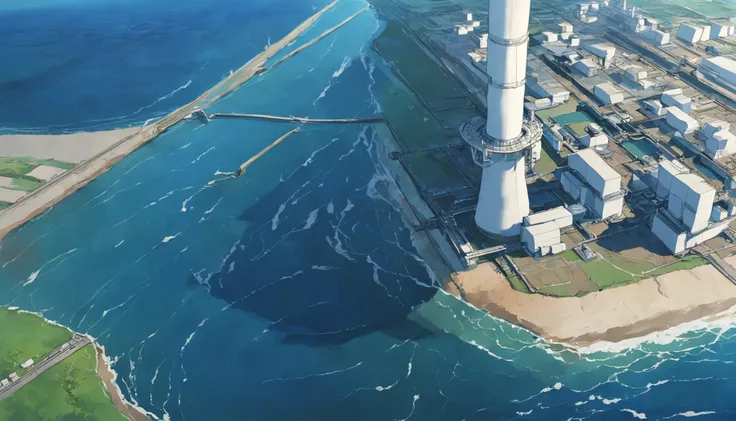 Depicting the appearance of the Fukushima nuclear power plant, Displays the drain，Dumping contaminated water into the ocean. Emphasize the contrast between nuclear power plants and the vast sea