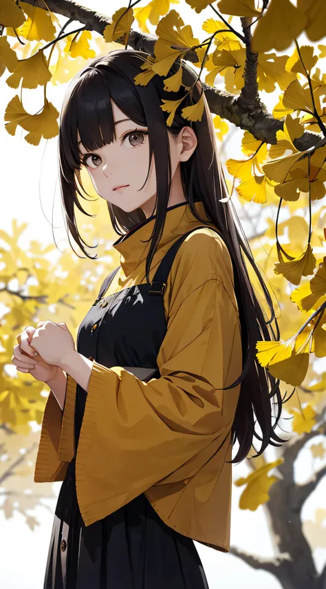 autumnal，beautiful  Girl（1girll：1.3），A high resolution，ultra - detailed，ginko，Ginkgo tree，komono，Noon time，And focus on the subtle details and atmosphere of the scene。