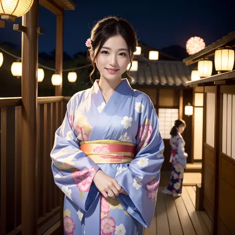 (a masterpiece of、top-quality:1.2)、ultra-detailliert、lighting like a movie、（（（Beautiful woman looking up at fireworks）））、A smile、woman wearing the kimono, bath robe, classy yukata clothing, Wearing a colorful yukata, in a kimono, Wearing a kimono, japanese...