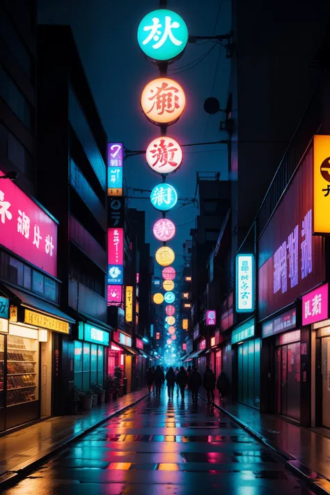 street in Tokyo at Night, lojas com placas neon, estilo cyberpunk