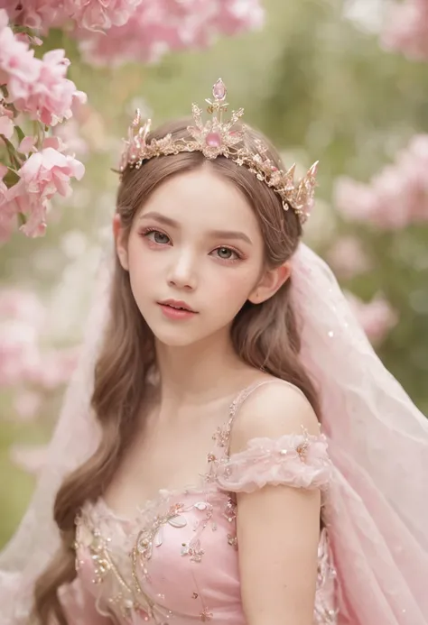 （1 Elf Princess+fairy princess+火焰+ray of lights+pink bows:1.2+Star tiara，Girly dressing+Gorgeous dress+Beautiful face+The details were perfect+Delicate details），a fairy world，dreamy background，Pink petals，Rainbow-colored raindrops，Sweet atmosphere