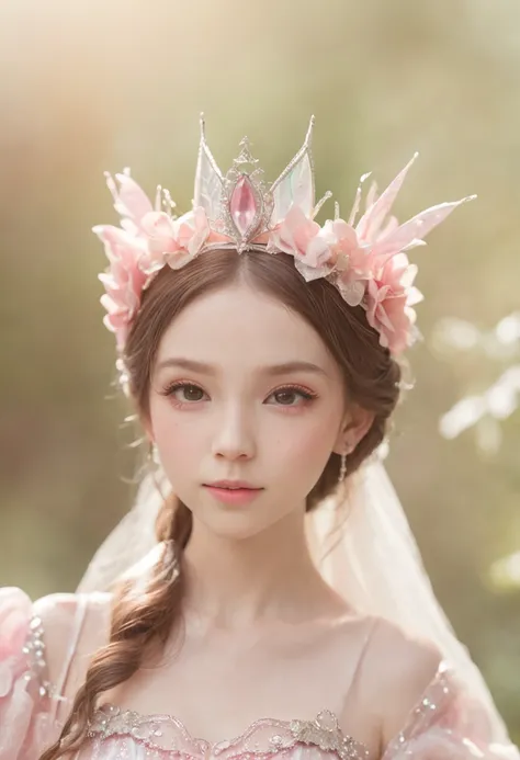 （1 Elf Princess+fairy princess+火焰+ray of lights+pink bows:1.2+Star tiara，Girly dressing+Gorgeous dress+Beautiful face+The details were perfect+Delicate details），a fairy world，dreamy background，Pink petals，Rainbow-colored raindrops，Sweet atmosphere