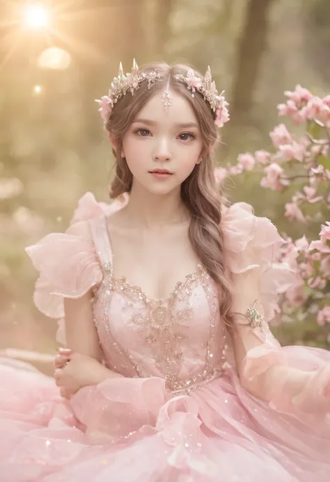 （1 Elf Princess+fairy princess+火焰+ray of lights+pink bows:1.2+Star tiara，Girly dressing+Gorgeous dress+Beautiful face+The details were perfect+Delicate details），a fairy world，dreamy background，Pink petals，Rainbow-colored raindrops，Sweet atmosphere