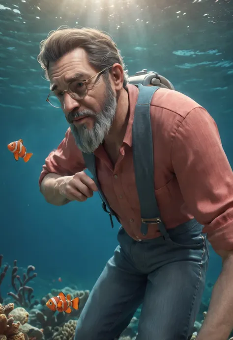 movie picture quality，style of disney animation，Disney animated films，ocean floor，The corals，Colorful，The stocky bearded uncle swims in the sea on a giant koi，short detailed hair，Denim suspenders，The barefoot，depth of fields，high light，Real light，Ray trach...