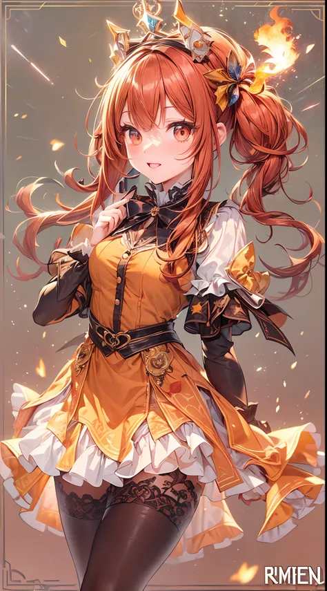 (fullbody, legs and shoes visible: 1.2)) expressive eyes, woman, pale skin, long hair, windblown hair, ((long hair)), long sidelocks, hime bangs, hair fringe, hair bun, ((long twintails)), flaming hair, red hair, blushing, full face blushing, big sparkling...