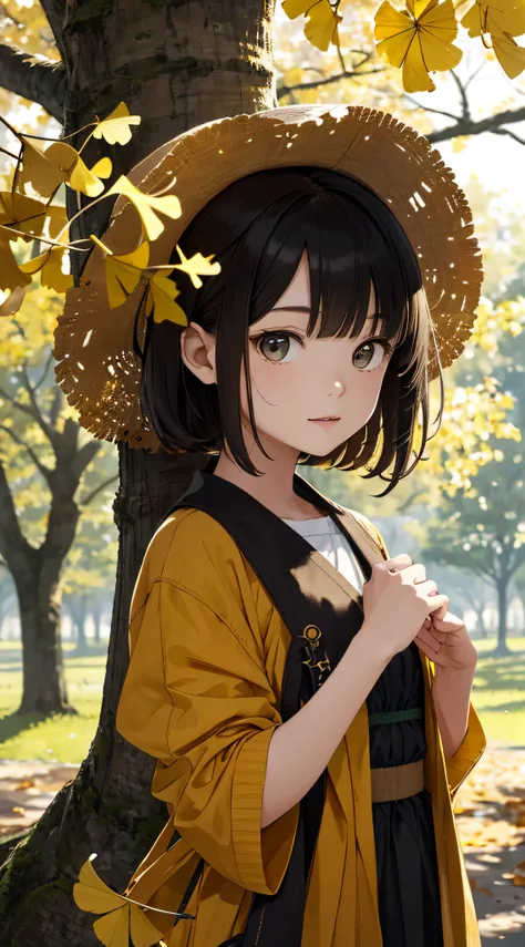 autumnal，beautiful  Girl（1girll：1.3），A high resolution，ultra - detailed，ginko，Ginkgo tree，komono，Noon time，And focus on the subtle details and atmosphere of the scene。