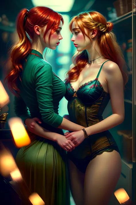 fantastic realism, bokeh,  ultra detailed, 2girls facing each other, chest against chest, kiss, red head and blond girl, underwear, indoors, narrow storage room, detailed background,