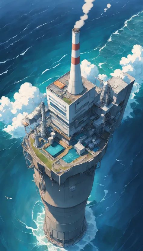 Depicting the appearance of the Fukushima nuclear power plant, Displays the drain，Dumping contaminated water into the ocean. Emphasize the contrast between nuclear power plants and the vast sea