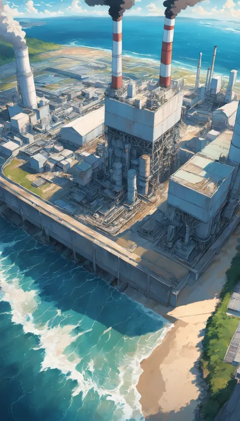 Depicting the appearance of the Fukushima nuclear power plant, Displays the drain，Dumping contaminated water into the ocean. Emphasize the contrast between nuclear power plants and the vast sea