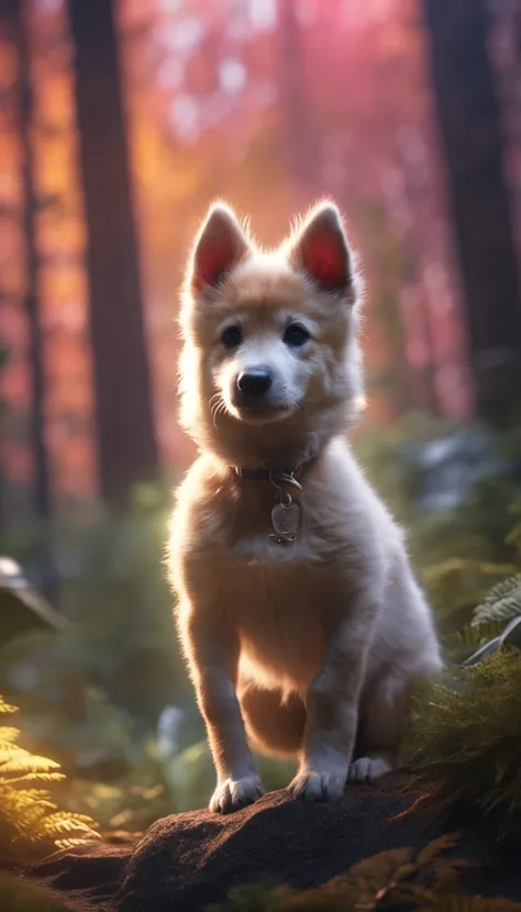 Close-up photo of a very cute jumping puppy in the forest，Soft volumetric light，Backlight 1.3，Movie 1.2，Complicated details，Art Station 1.3，rootkowski。