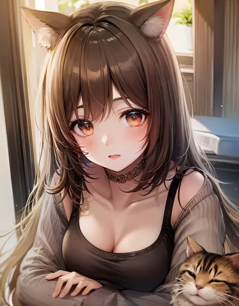 1 girl, Cat ears,16 years old, cute, loli, petite, cleavage, slouch, striped tee, blush, collarbone, delicate, best quality, HD, 8k, --s 1000 detail oil paintings