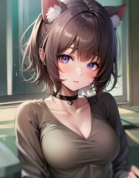 1 girl, Cat ears,16 years old, cute, loli, petite, cleavage, slouch, sports bra, blush, collarbone, delicate, best quality, HD, 8k, --s 1000 detail oil paintings