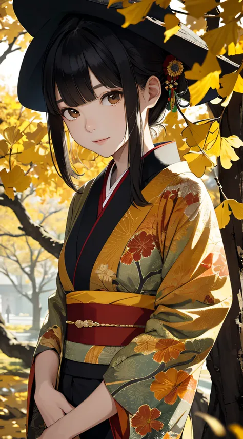 autumnal，beautiful  Girl（1girll：1.3），A high resolution，ultra - detailed，ginko，Ginkgo tree，Random Japanese kimono，Noon time，And focus on the subtle details and atmosphere of the scene。