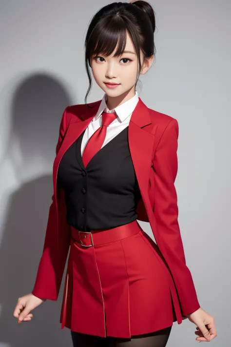 (Thin eyebrows:0.5)、(thin lipss:0.8)、(small nose:0.8)、Walking Posture、jpn、Red Blazer Uniform、neck tie、pleatedskirt、tights、adult lady、poneyTail、A slight smil、the perfect body、7headed body、(small nipple:0.7)、Big breasts、Huge breasts、school class room backgro...