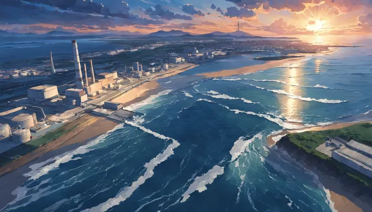 Depicting the appearance of the Fukushima nuclear power plant, Show the drain，Dumping contaminated water into the ocean. Emphasize the contrast between nuclear power plants and the vast sea