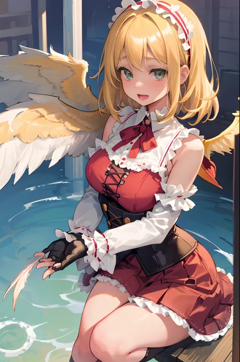 1 girl, smile, tareme ,opened mouth, raised eyebrows, blonde medium hair, parted bangs, perm hair, hairband, (thick red skirt:1.2),white long sleeve shirt, ,corset, 12 years old, medium breast, (wing on shoulders:1.5), green eyes, round face, solid circle ...