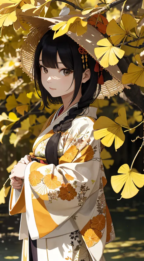 autumnal，beautiful  Girl（1girll：1.3），A high resolution，ultra - detailed，ginko，Ginkgo tree，Random Japanese kimono，Noon time，And focus on the subtle details and atmosphere of the scene。