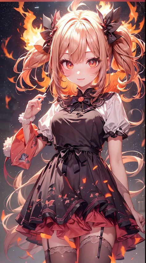 (fullbody, legs and shoes visible: 1.2)) expressive eyes, woman, pale skin, long hair, windblown hair, ((long hair)), long sidelocks, hime bangs, hair fringe, hair bun, ((long twintails)), flaming hair, red hair, blushing, full face blushing, big sparkling...