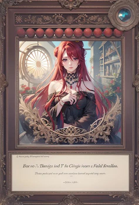 Drawn as a raw graphic，Red-haired mature female，hair-bun，The crystal frame is broken