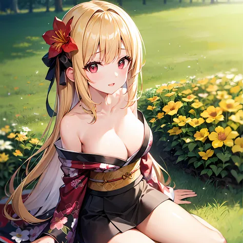 a blond、red eyes、Beautiful girl alone、Floral kimono、off shoulders、a miniskirt、flower  field、