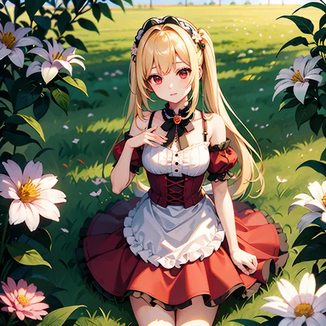 a blond、poneyTail、red eyes、Beautiful girl alone、独奏、maid clothes、off shoulders、a miniskirt、flower  field