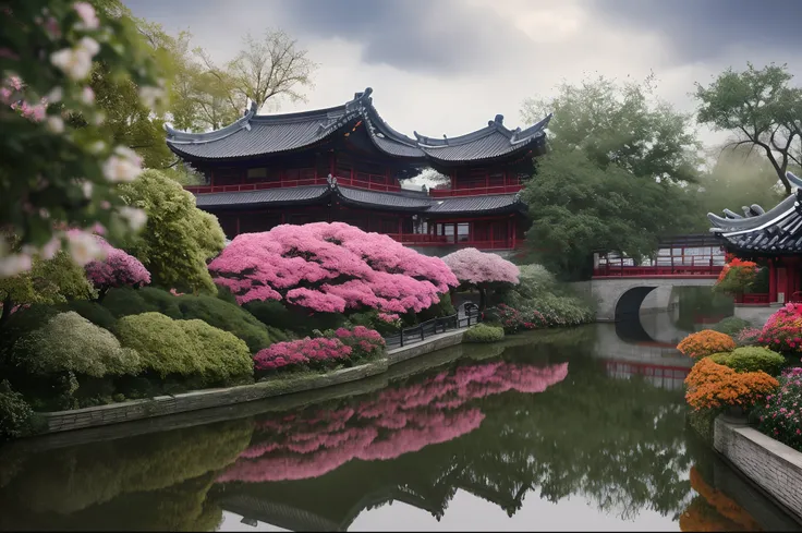 Masterpiece, Best quality, High quality, Extremely detailed Cg Unity 8K wallpaper, chinese classic garden, scenery, amsterdam, winter,nevando,Outdoors, sky, Cloud, day, landscape, water, tree, Blue sky, waterfallr, Nature, Lake, River, Cloudy sky,award win...