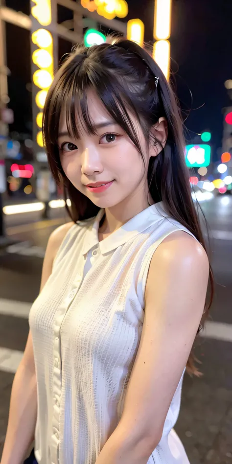 1girl, Tokyo street,night, cityscape,city lights,upper body,close-up,smile,, (8k, RAW photo, best quality, masterpiece:1.2),(realistic, photo-realistic:1.37),