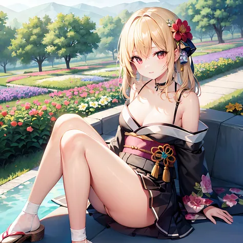 a blond、red eyes、Beautiful girl alone、Floral kimono、off shoulders、a miniskirt、flower  field、